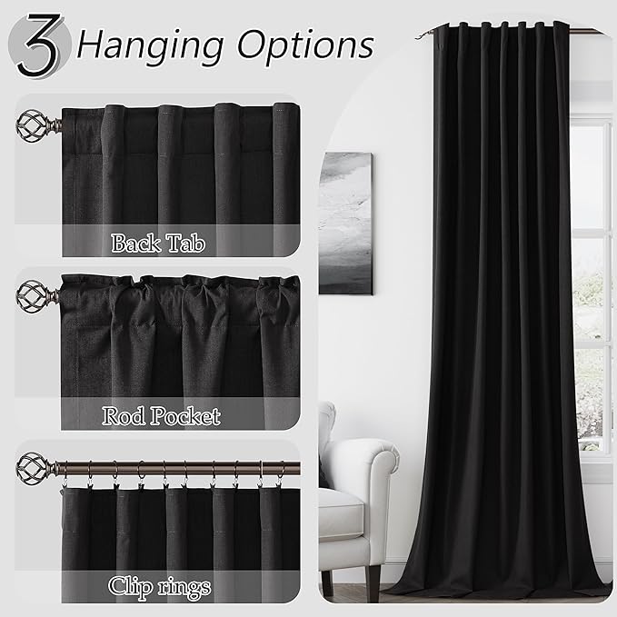 Guken Black 100% Blackout Linen Curtains 102 Inch Length 2 Panels Set for Living Room Bedroom Back Tab Thermal Insulated Black Out Drapes Room Darkening Window Curtains,52x108