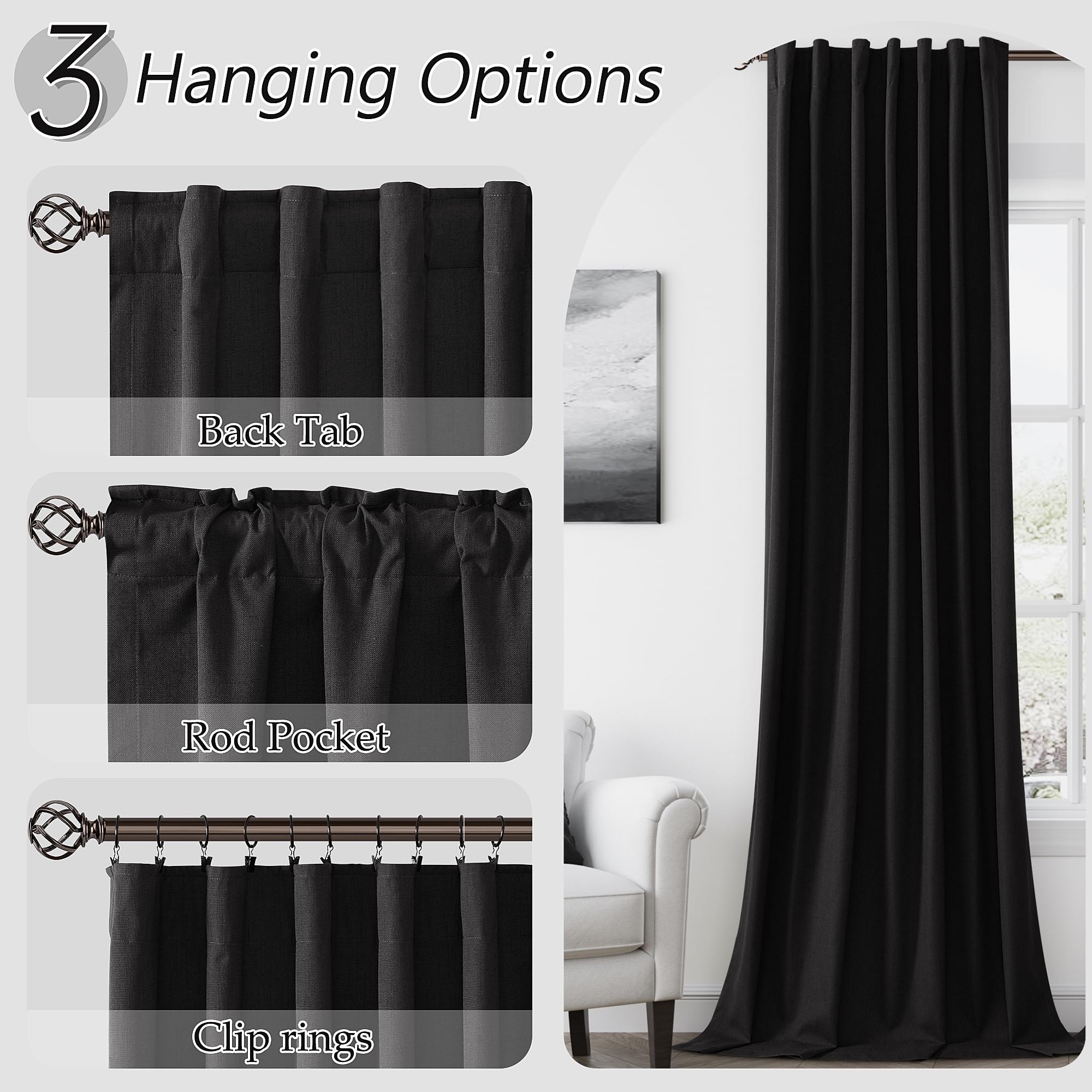 Guken Black 100% Blackout Linen Curtains 102 Inch Length 2 Panels Set for Living Room Bedroom Back Tab Thermal Insulated Black Out Drapes Room Darkening Window Curtains,52x108