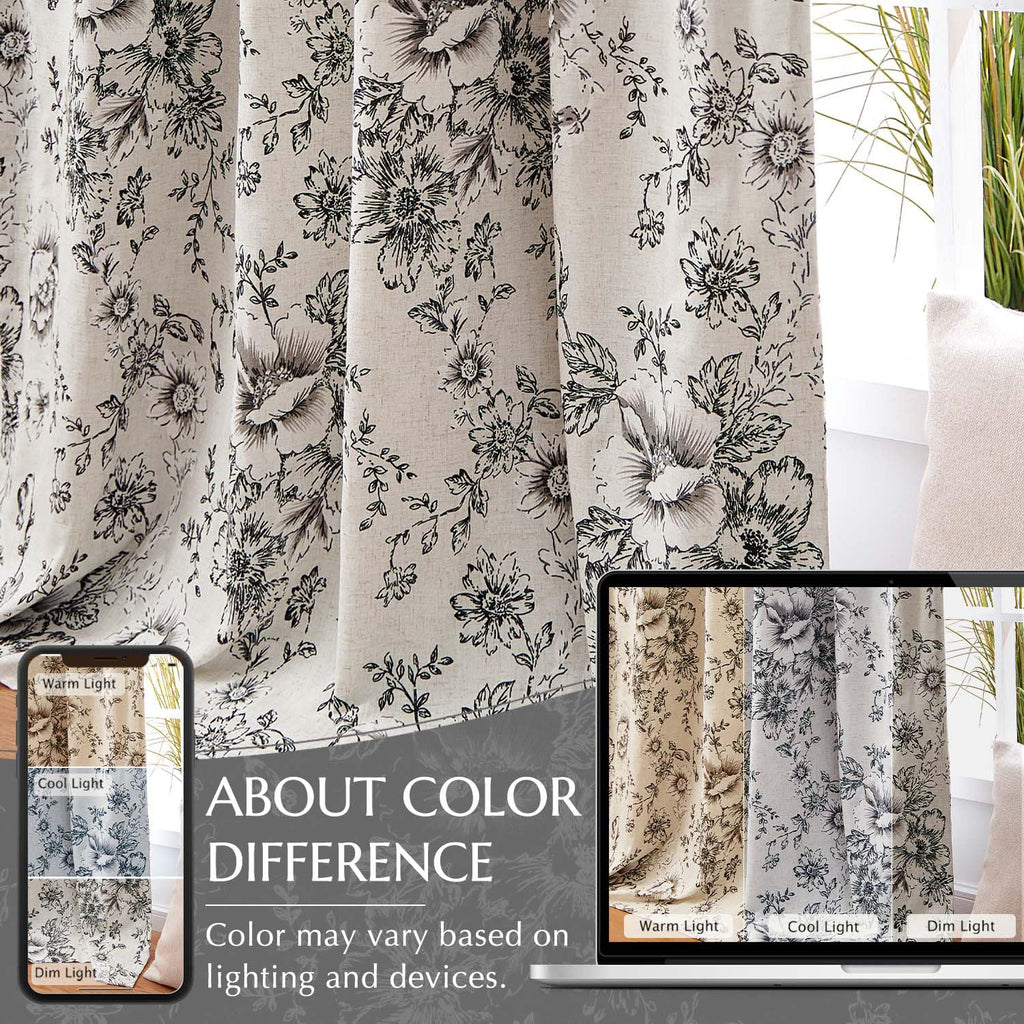 jinchan Black Floral Linen Blackout Curtains 72 Inch Back Tab 2 Panels