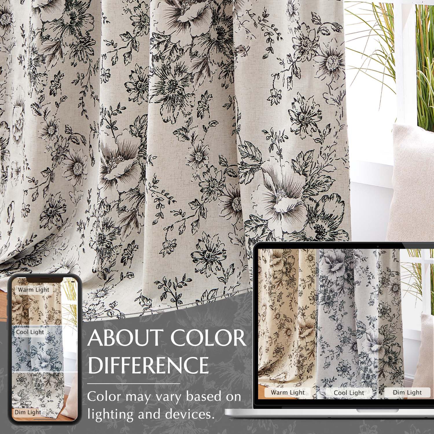 jinchan Black Floral Linen Blackout Curtains 72 Inch Back Tab 2 Panels