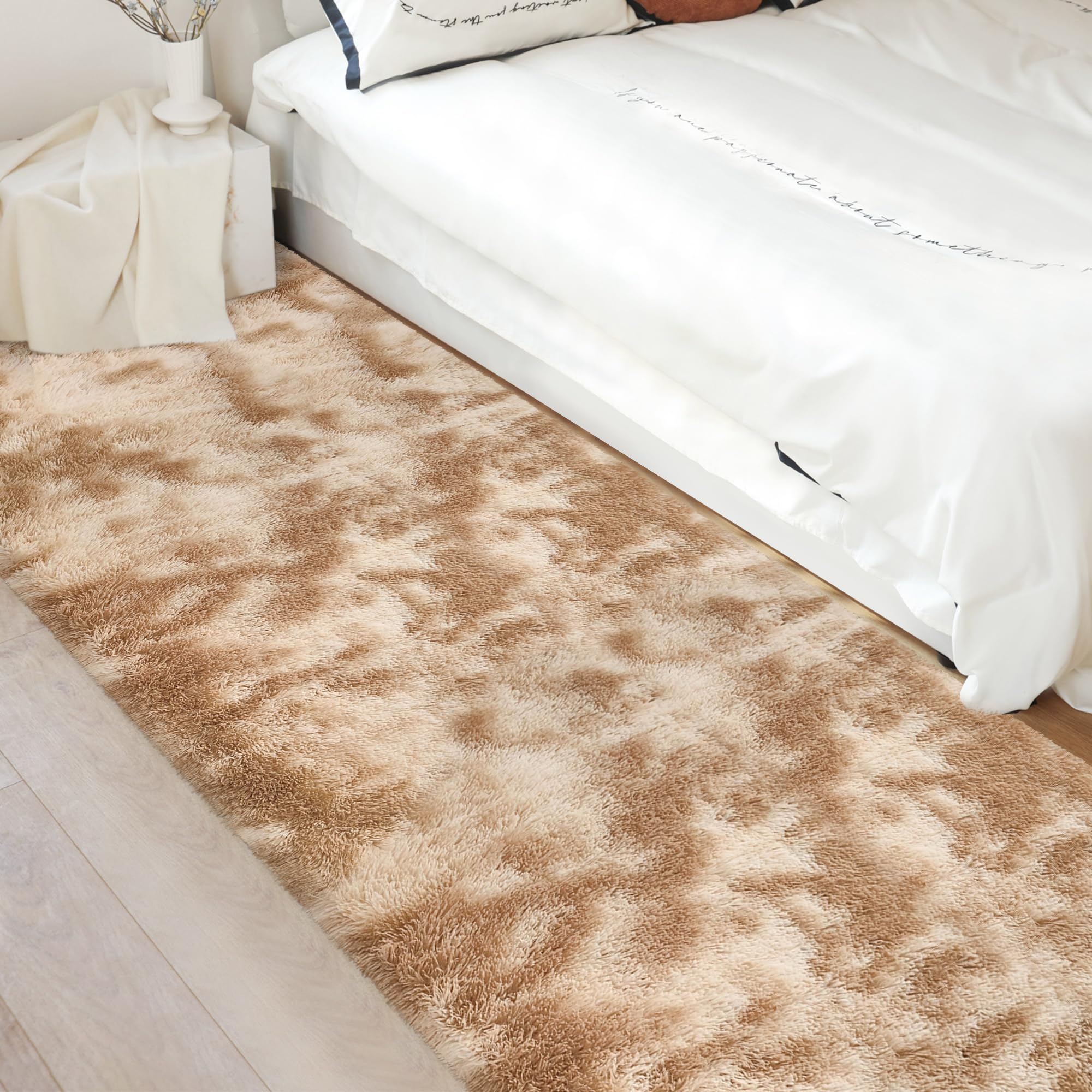 JiaoBaba Super Soft Fluffy Living Room Area Rugs 3x10 ft Tie-Dyed Beige Shaggy Furry Carpet Washable Non-Slip Floor Rug Bedroom Bedside Nursery Rug Fuzzy Girls Boy Reduce Noise Dorm Home Decor