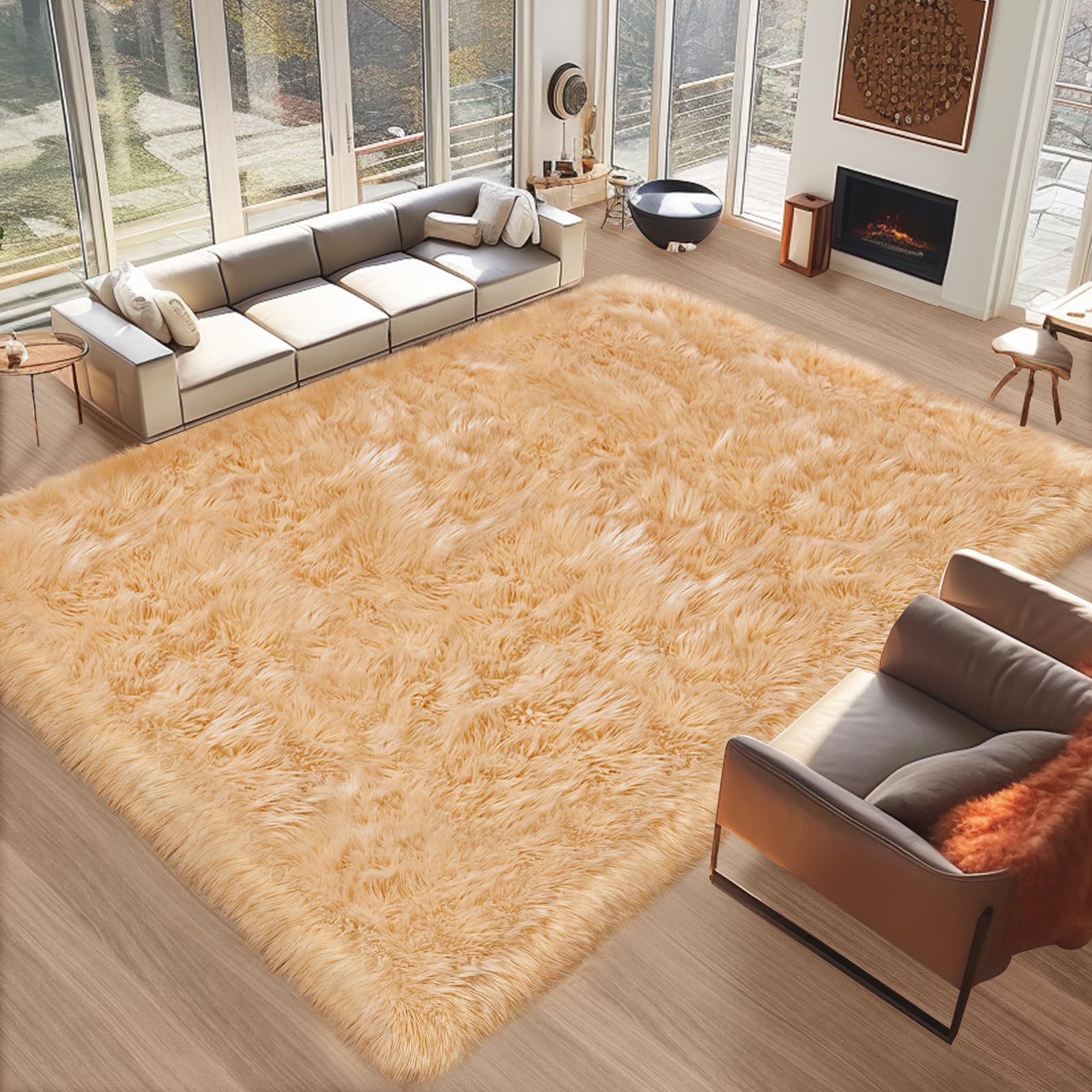 Ciicool Beige Faux Fur Sheepskin Rug 8 x 10 Feet, Large Sofa Fluffy Carpet