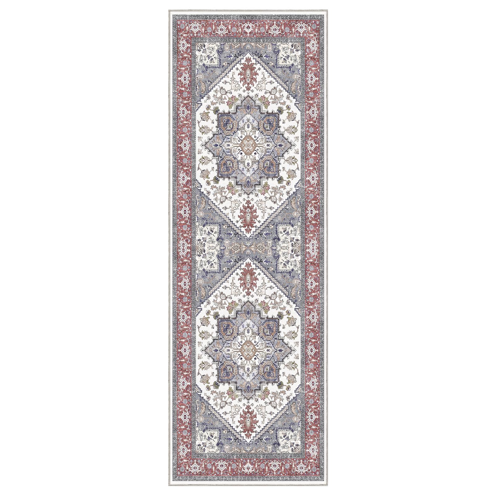 OPPODREAM Soft Area Rugs 2x6, Persian-Inspired Washable Rug, Red & Grey