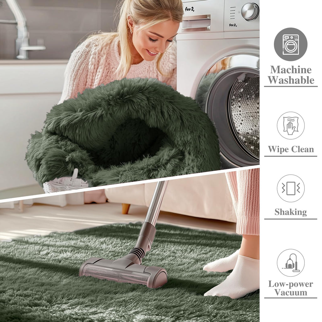 OLANLY 3x5 Machine Washable Small Bedside Rug, Soft Fluffy Shaggy Rugs for Living Room, Bedroom, Indoor Floor Carpet for Kids Girls and Boys, Preppy Dorms, Nursery, Home Decor Aesthetic, Olive Green