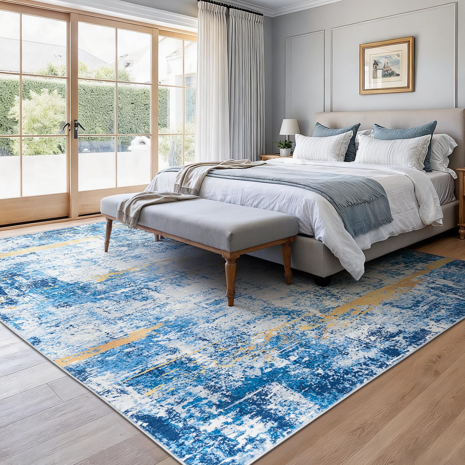 Rugflix 8x10 Area Rugs for Living Room, Washable Sky Blue Gold Large Rug
