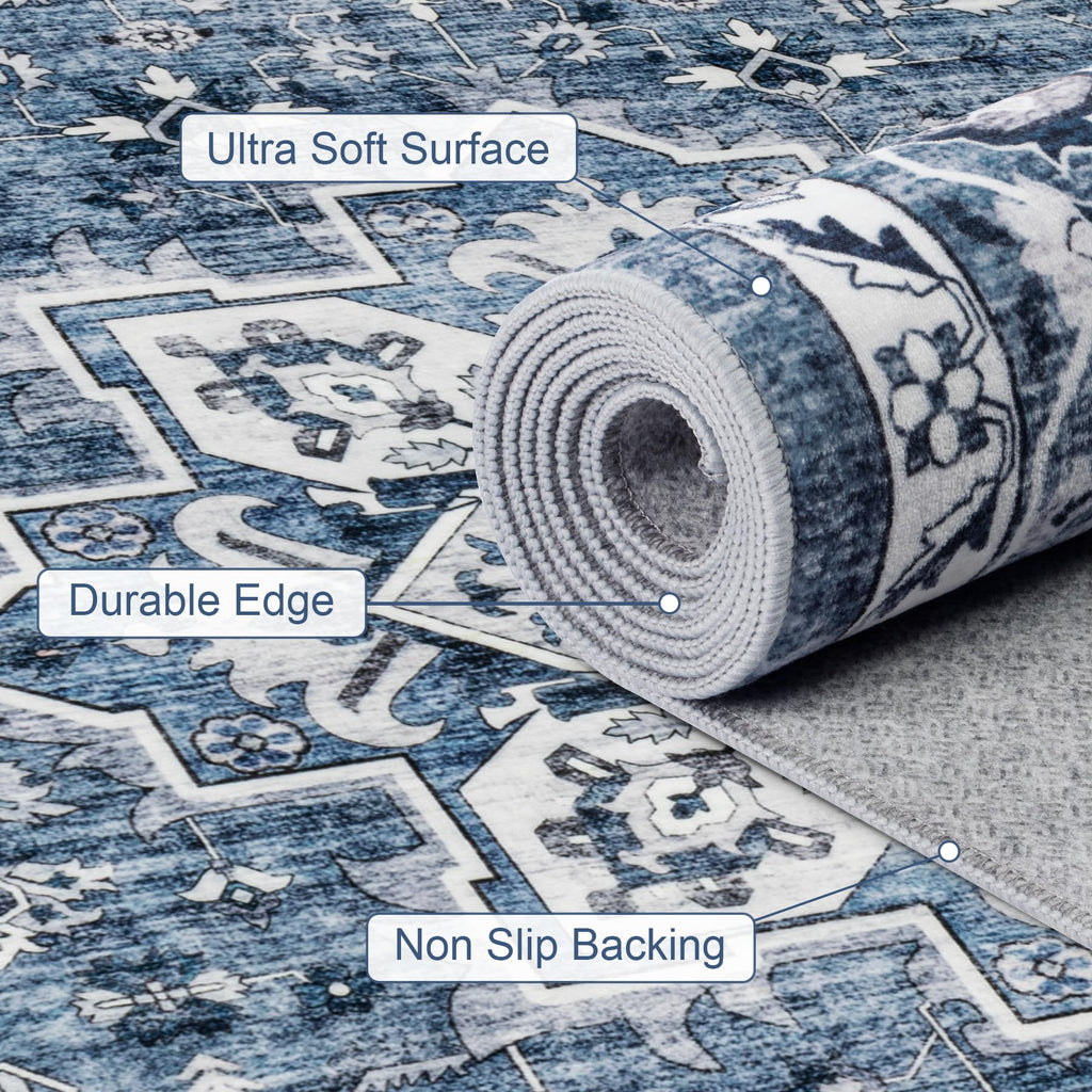 ExpediX 4x6 Area Rugs Living Room: Washable Vintage Rug for Bedroom Blue