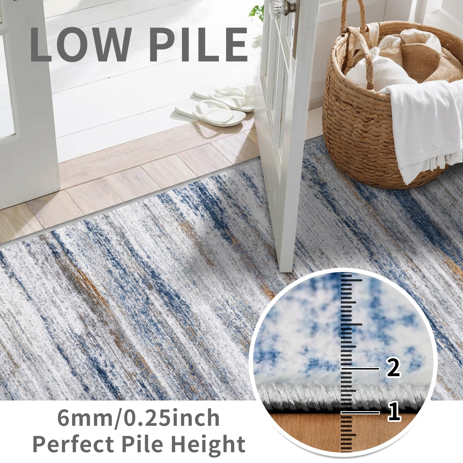 3x8 Washable Runner Rug for Family: Easy-to-Clean Runners for Hallway Entryway Kitchen Bedroom - Stain and Water Resistant Rugs with Non-Slip Backing - Soft Low-Pile Carpet Navy Grey