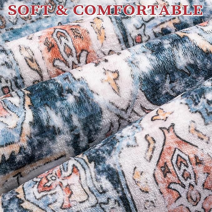SERISSA 8x10 Washable Non Slip Boho Area Rug for Living Room，Blue Orange