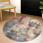 IOHOUZE Round Area Rug 3 Ft Circle Entryway Rugs Round Washable Door Mat Indoor Entrance, Non Slip Circle Front Door Rug, Printed Abstract Faux Wool Floor Carpet for Foyer Porch Sink, Red/Multi