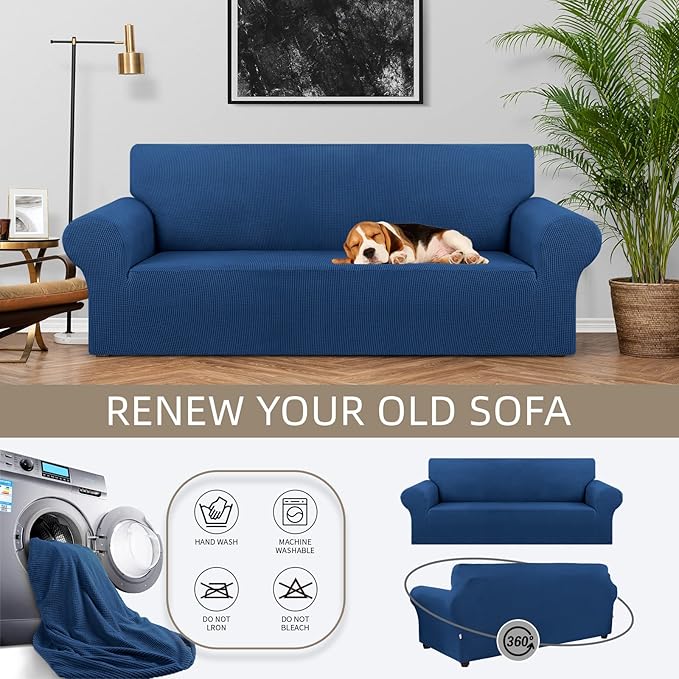 KEKUOU Stretch Couch Covers for Sofa, 3 Cushion Couch Slipcover,Classic Blue