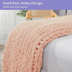 Bigacogo Chunky Knit Throw Blanket for Couch, 40x40 inches, 100% Hand Knitted with Thick Jumbo Chenille Yarn, Cozy Soft Large Rope Knot Cable Crochet Blankets for Sofa Bed Living Room, Peach Fuzz