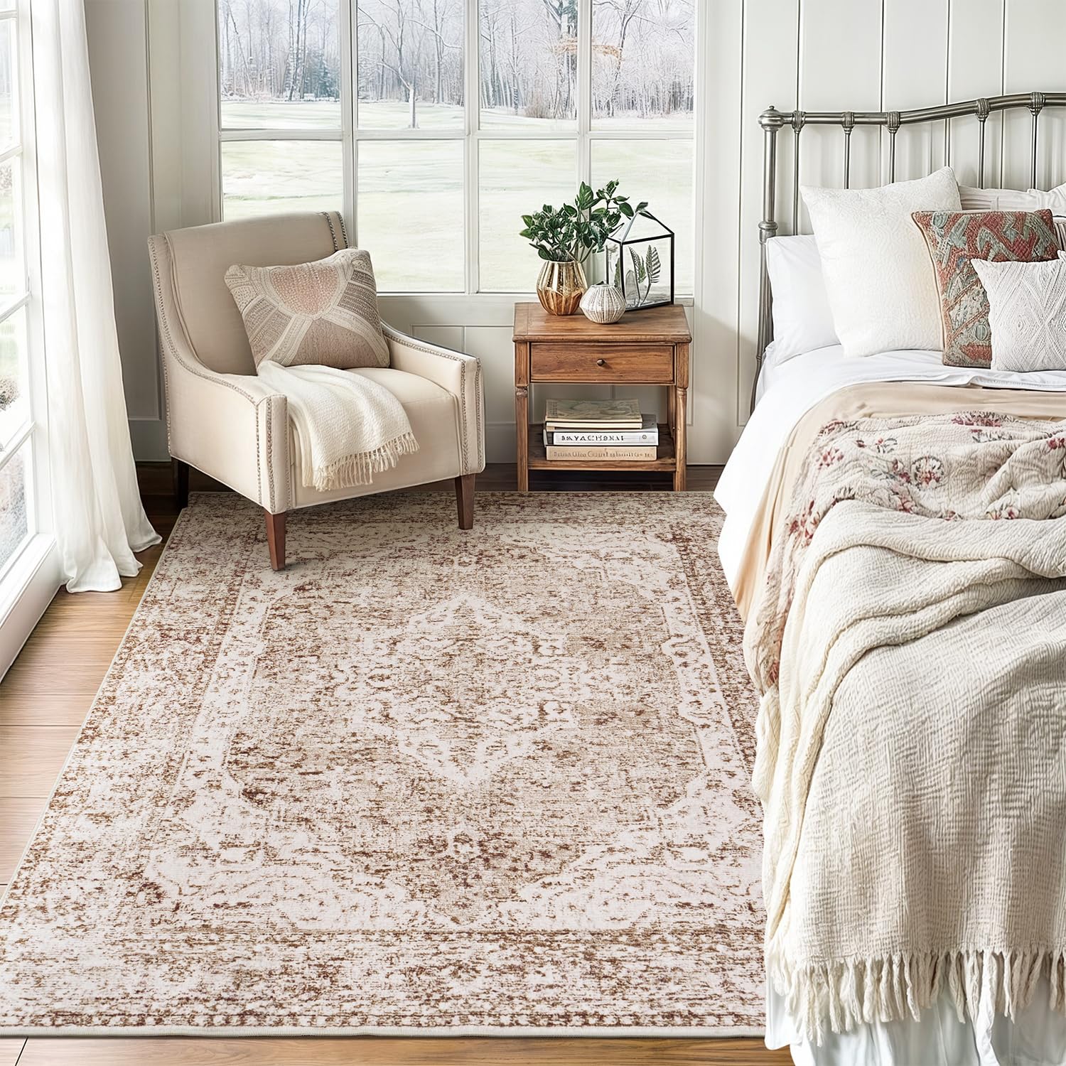 Lofus 5x7 Area Rugs for Living Room, Washable Area Rug, Rugs for Bedroom, Kitchen, Vintage Boho Carpet, Soft Non-Slip, Low Pile Large Area Rug for Office Dining Room, Vintage Beige Brown