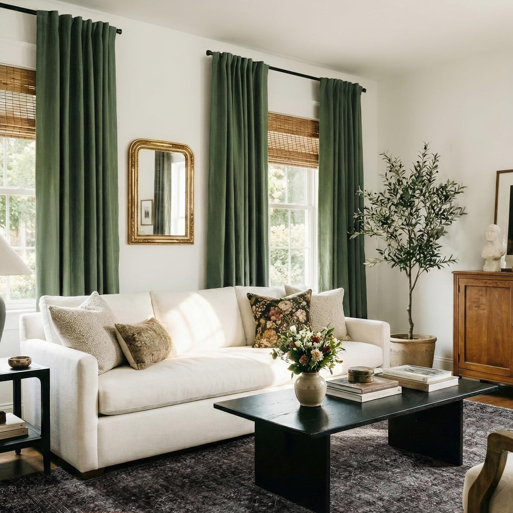 Faux Linen Total Blackout Curtains for Bedroom 102 Inches Long, Moss Green