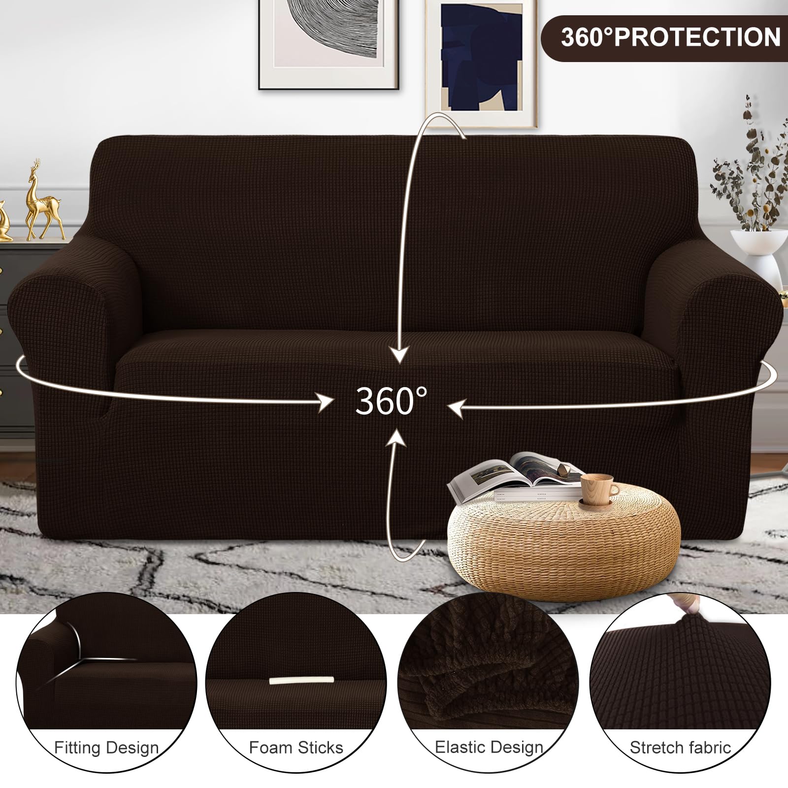 U-NICE HOME Oversized Stretch Loveseat Couch Cover, Chocolate