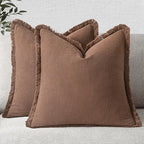 MIULEE Decorative Throw Pillow Covers Neutral Linen Fringe Throw Pillows Euro Shams Set of 2 Dark Coffee Boho Farmhouse Cushion Covers for Couch Sofa Bed Living Room Spring Home Decor 26x26 Inch