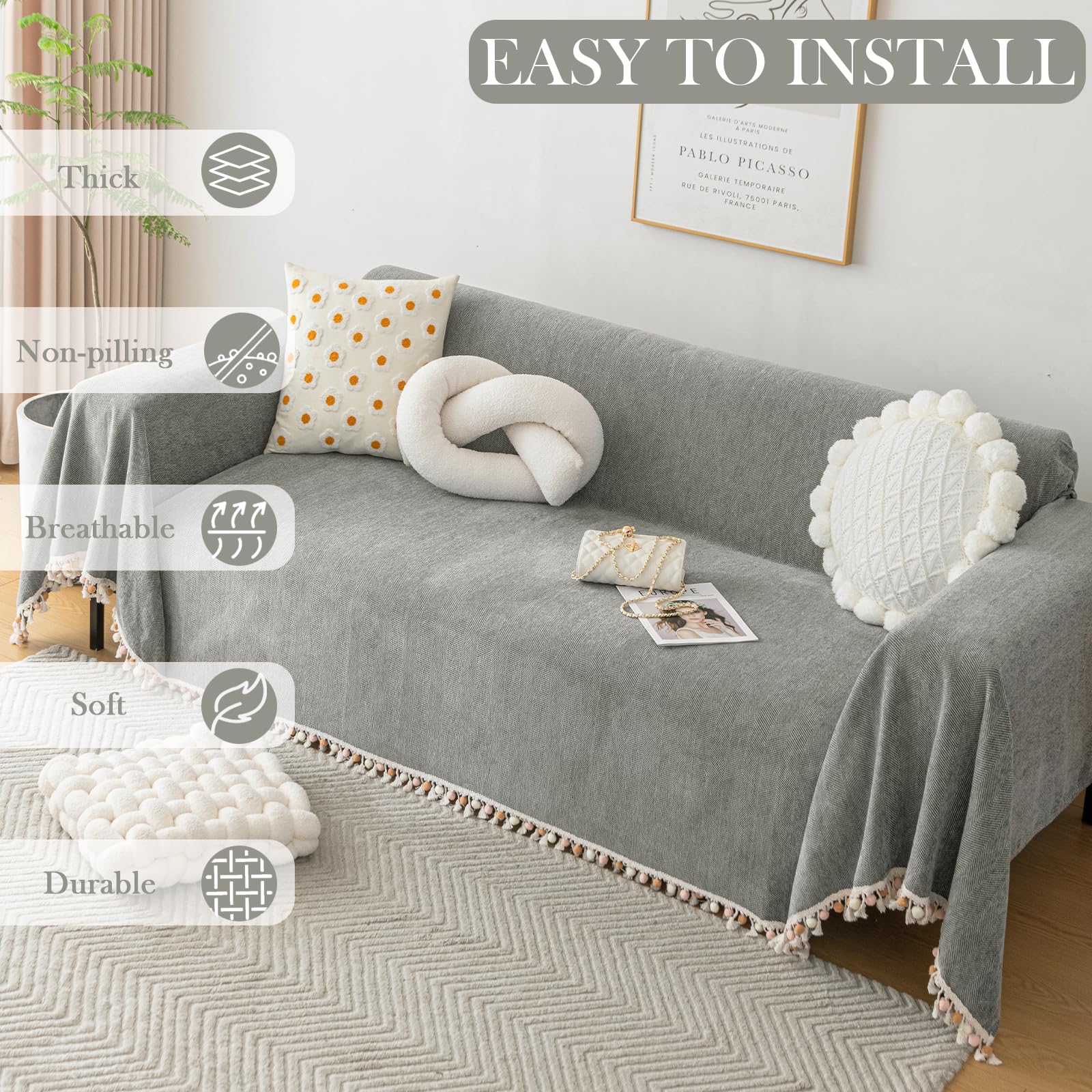 HANDONTIME Couch Slipcovers for Sofas Dark Grey Couch Cover Sofa Cover for Dogs Boho Pet Couch Protector with Tassel Chenille Herringbone Couch Cover for 2 3 Seat Washable Pet Friendly, 71" X134"