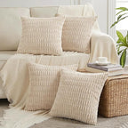 Fancy Homi 4 Packs Tan Decorative Throw Pillow Covers 16x16 Inch for Living Room Couch Bed Sofa, Beige Rustic Farmhouse Boho Home Decor, Soft Plush Striped Corduroy Square Cushion Case 40x40 cm