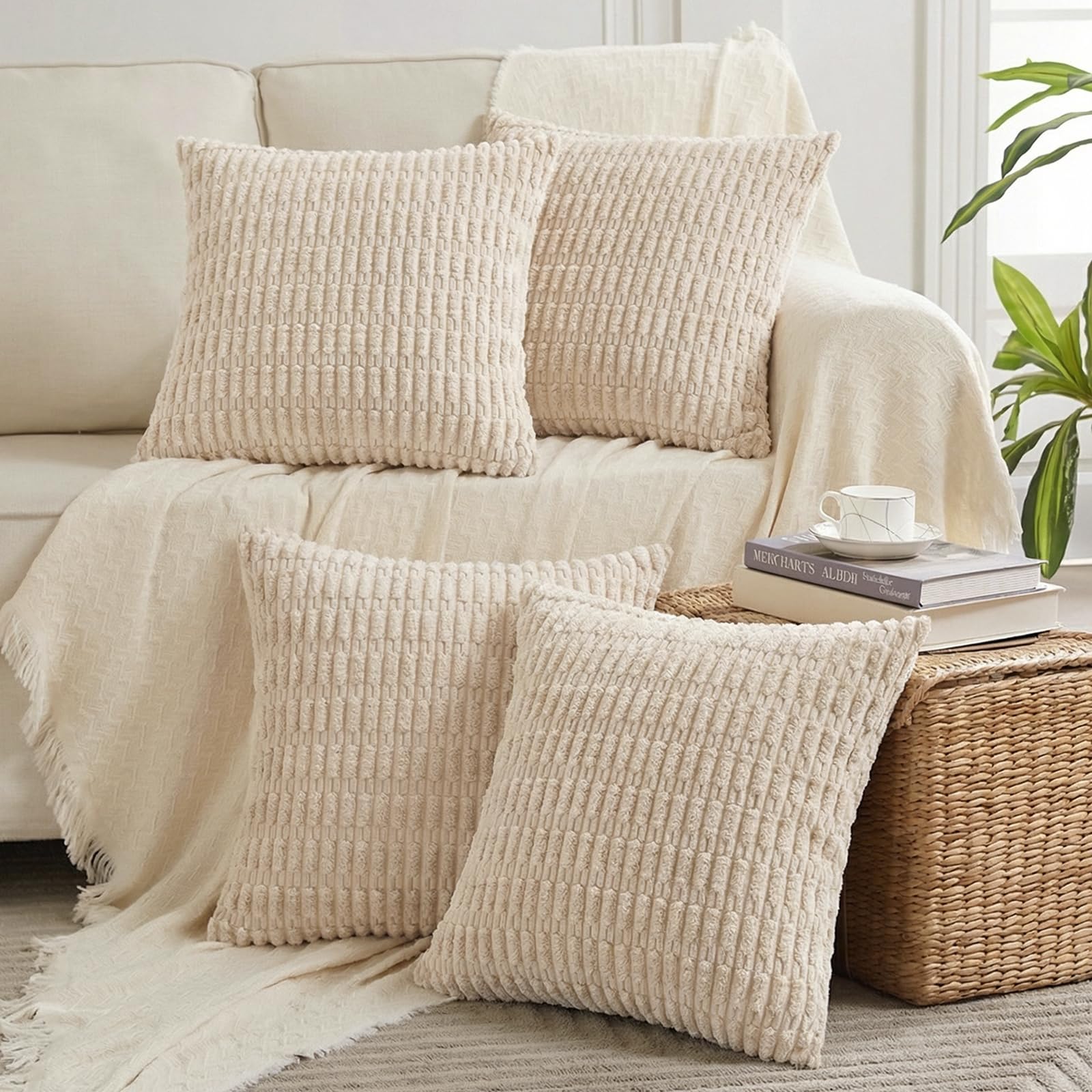 Fancy Homi 4 Packs Decorative Throw Pillow Covers for Living Room Couch Bed, Modern Farmhouse Boho Home Décor Accent Cushion Case, 16" x 16", Tan