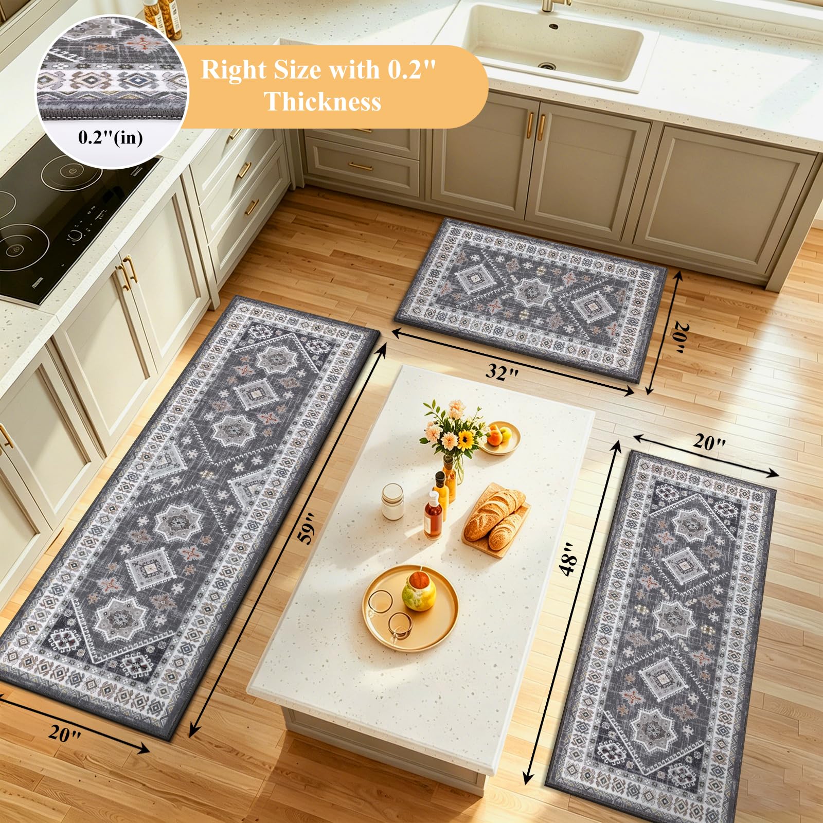 HEBE Boho Kitchen Rugs Set of 3, Non Slip Washable Kitchen Mats for Floor