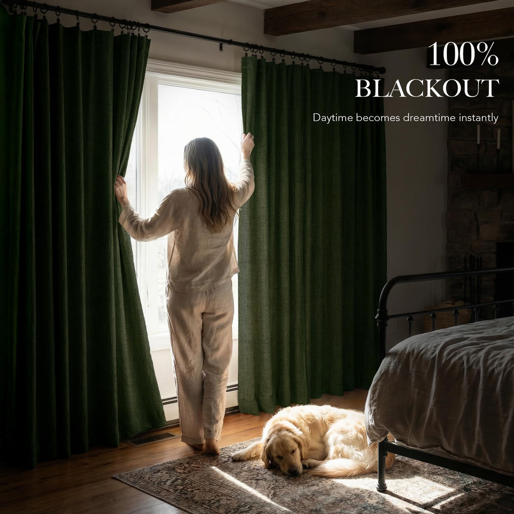 RYB HOME Olive Green 100% Blackout Linen Curtains 90 Inch Long for Office