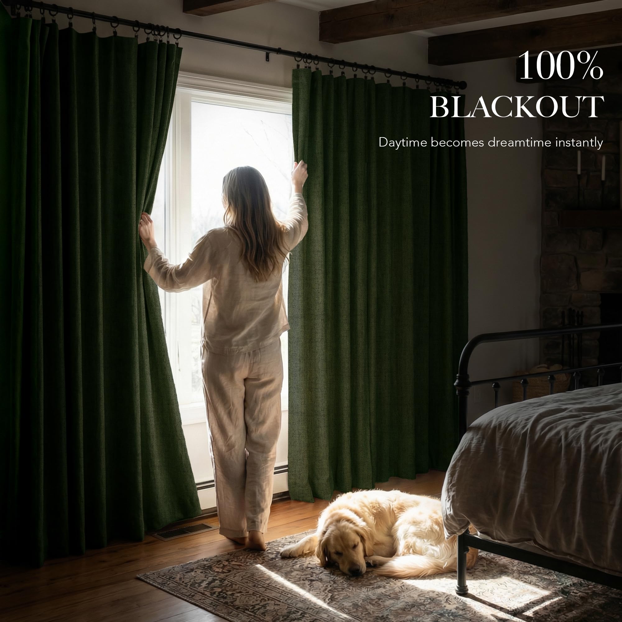 RYB HOME Olive Green 100% Blackout Linen Curtains 90 Inch Long for Office