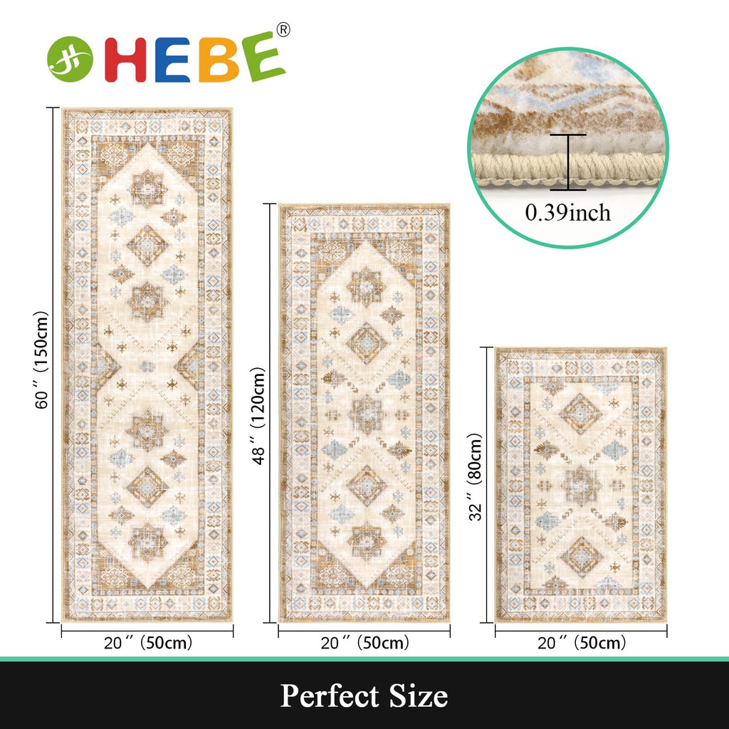 HEBE Boho Kitchen Rugs Set of 3, Non Slip Washable Kitchen Mats for Floor