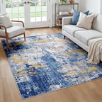 Washable Area Rugs Square 6ft Non-Slip Modern Abstract Soft for Living Room Entryway Bedroom Nursery, Print Pattern, Grey Blue Gold/Golden