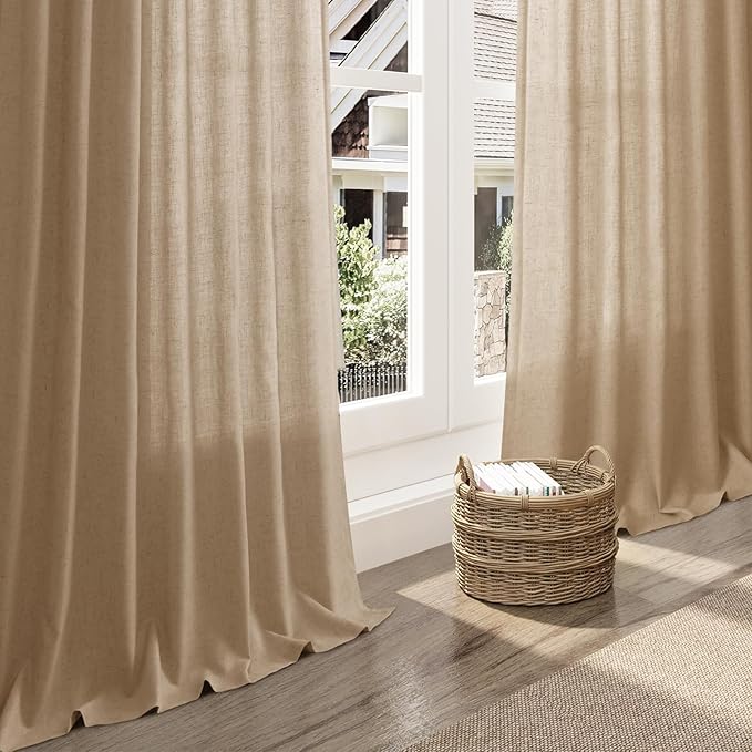 Sand Beige Linen Curtains 132 Inch Length for Living Room Simple Modern Light Filtering Semi Sheer Curtain Back Tab Rustic Home Decor Drapes Floor to Ceiling High Window for Bedroom 52x132, 2 Panels