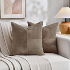 Fancy Homi Set of 2, Light Brown Patchwork Corduroy Decorative Soft Striped Modern Accent Cushion Case Farmhouse Boho Neutral Throw Pillow Covers for Chair Couch Bed Sofa Living Room 16x16 Inch