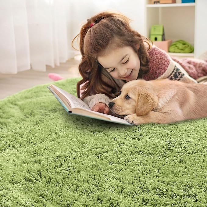 OLANLY Grass Green Round Rugs for Bedroom - Machine Washable, 7 ft Circle Area Rugs for Living Room, Soft and Fluffy Shaggy Carpet for Teen Girls and Boys, Nursery Rooms, Dorms, Home Decor Aesthetic