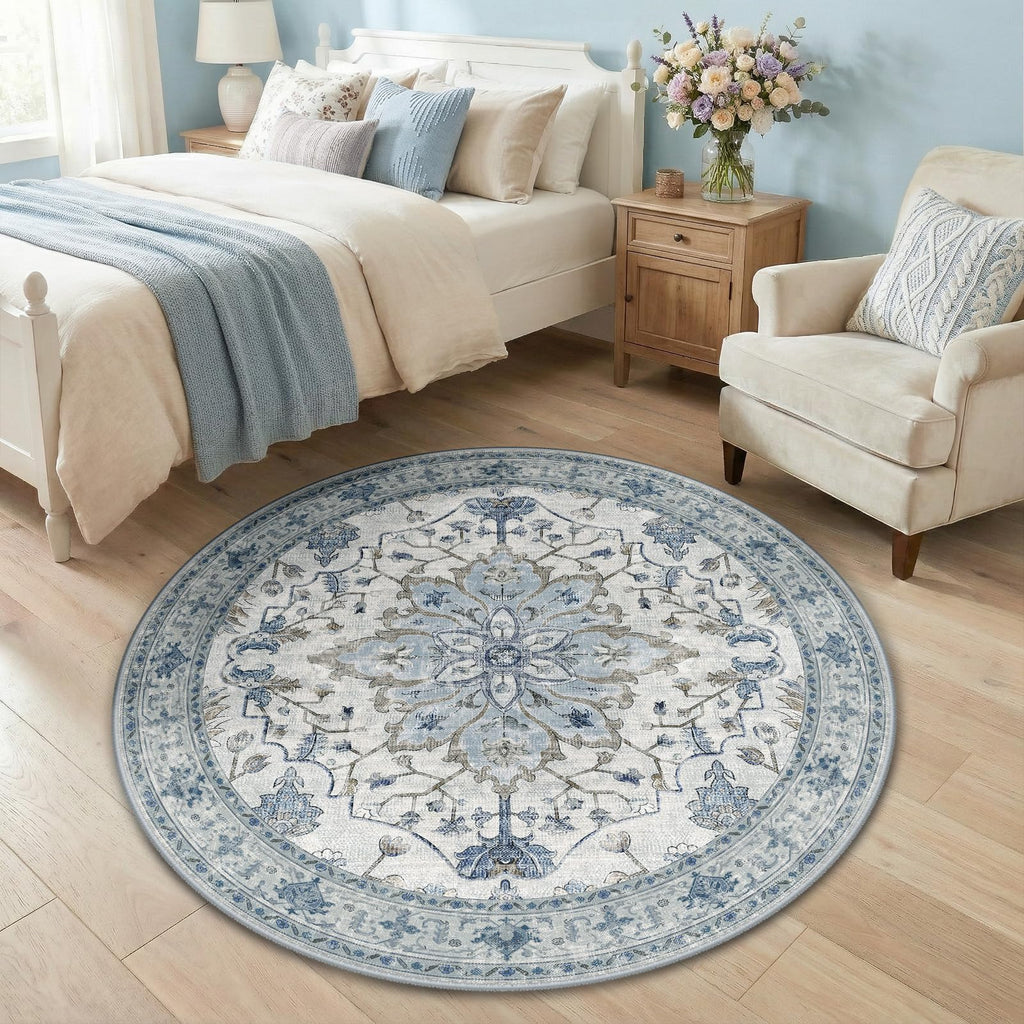 RELEANY Washable Area Rug, Round 4ft, Blue/White/Gray