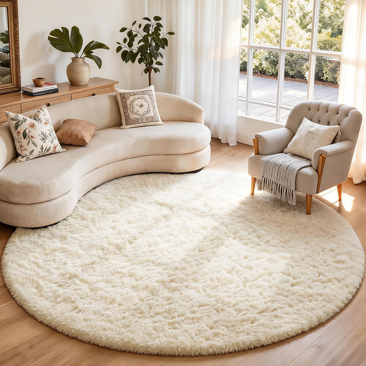 Ophanie Round Rug 7Ft Grey Circle Area Rugs,Large Fluffy Fuzzy Living Room Carpet 7 Foot,Plush Shag Solid Indoor Floor Gray Bedroom Circular Decor for Kids Teen Boys Baby,with Over 99 pcs Pile fibers