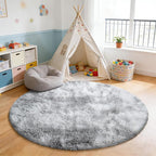 Tie-Dyed Fluffy Round Rug,Soft Area Rugs for Girls Room,Shaggy Rugs 4'X4' for Living Room,Non Slip Circle Rug for Kids Bedroom,Shag Plush Nursery Rug,Plush Carpet for Dorm,Furry Room Decor,Light Grey