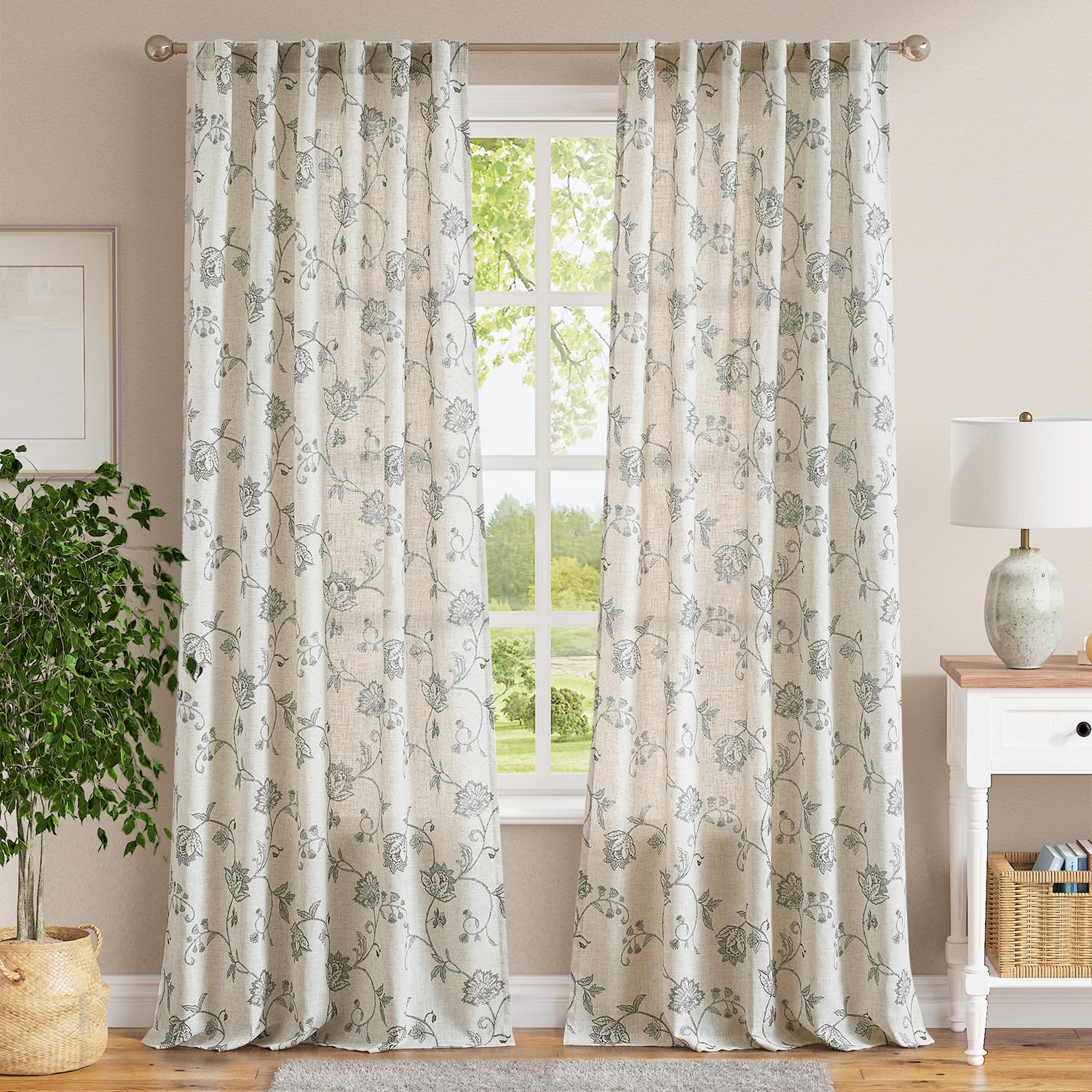 jinchan Linen Curtains Floral Curtains 96 Inch Length for Living Room Bedroom Light Filtering Rod Pocket Back Tab Jacobean Curtains Flax Linen Texture Window Drapes Set 2 Panels Dark Grey on Linen