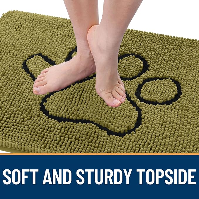 OLANLY Dog Door Mat for Muddy Paws 30x20, Paw Print Design, Absorbs Moisture and Dirt, Non-Slip Washable Doormat, Quick Dry Chenille Mud Mat for Dogs, Entry Indoor Entryway Carpet, Willow Green