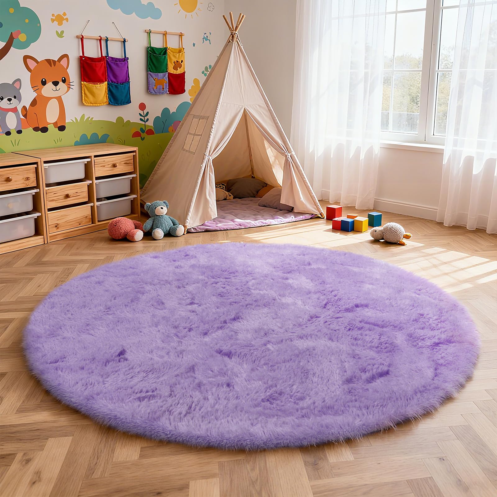 Purple Fluffy Round Area Rugs for Bedroom,3'X3'Shag Circle Small Area Rugs
