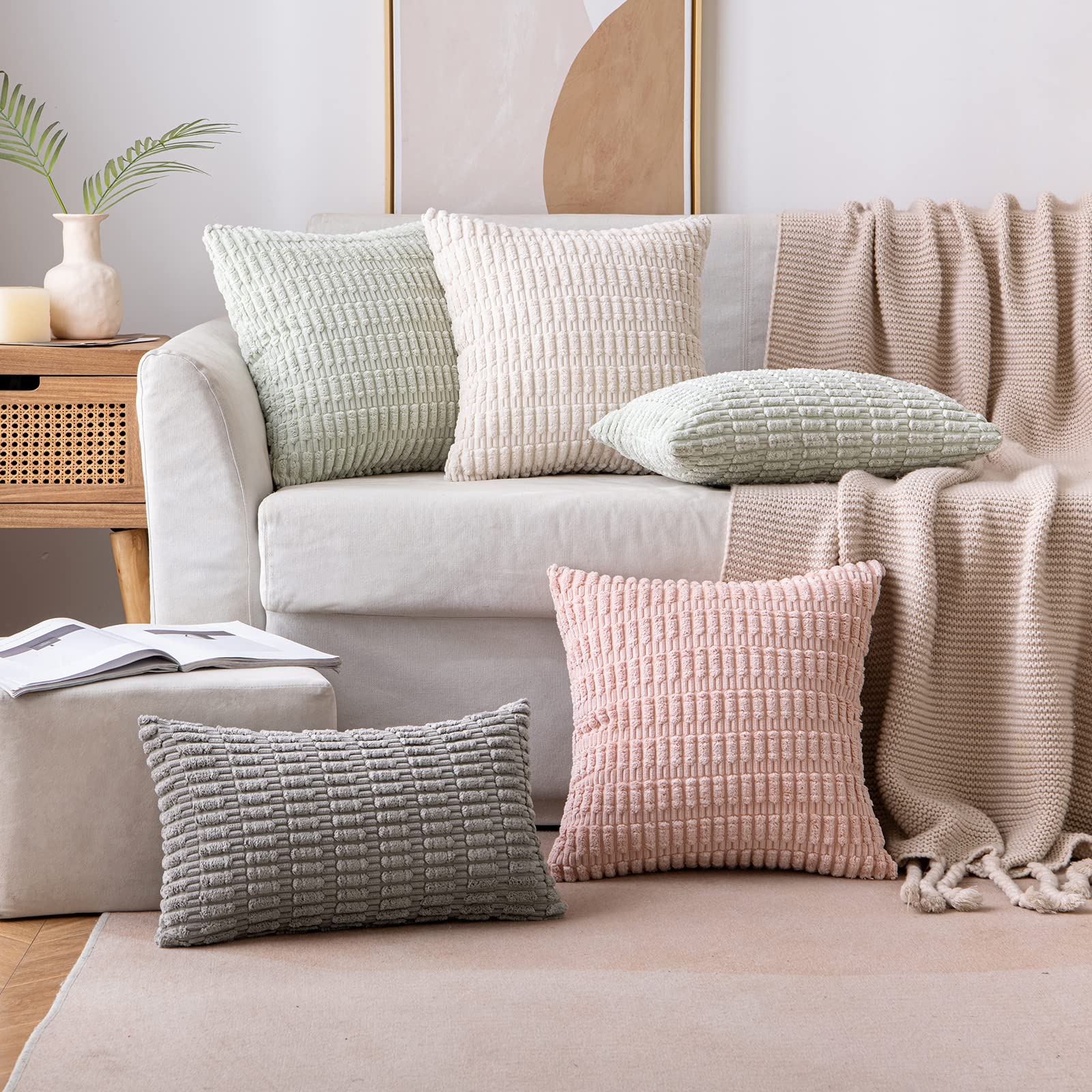 MIULEE Corduroy Decorative Throw Pillow Covers 12x12 Cream White Pack of 2
