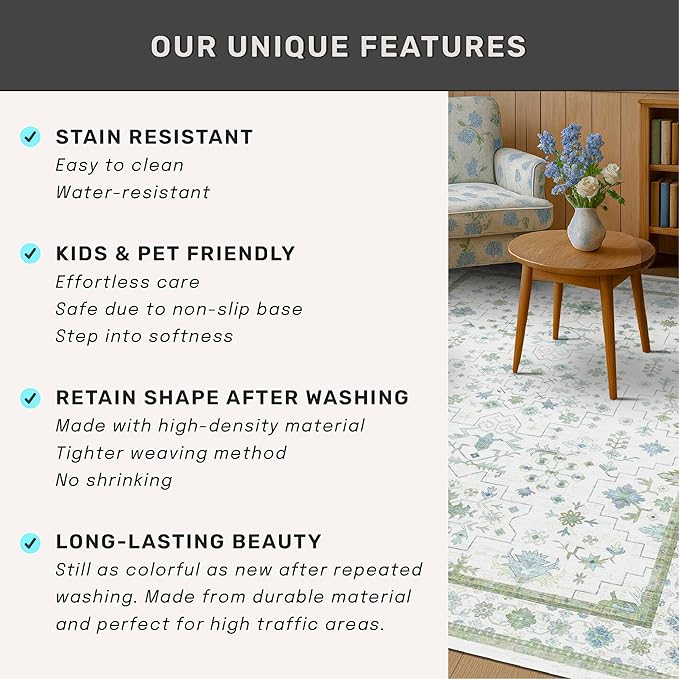 Hazo Haus Cream Oushak 7x9 Bedroom Rug - Boho Floral Cool Blue and Green, Washable Low Pile Non-Slip Ultra-Thin Large Area Rugs for Playroom, Bed Room, Living Room