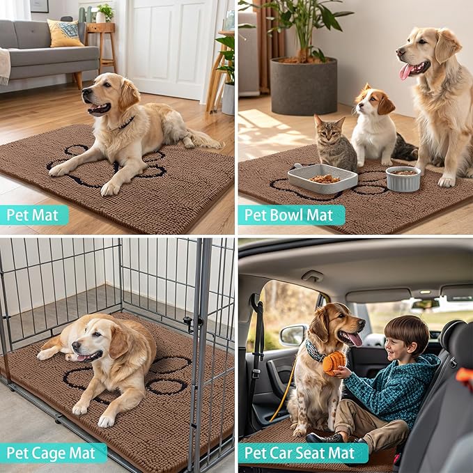 Smiry Dog Door Mat for Muddy Paws, Absorbent Dirt Trapper Non Slip Quick Dry Washable Chenille Mat for Mud Dogs, Entry Rug for Indoor and Outdoor (59x35 Inches, Camel and Black)