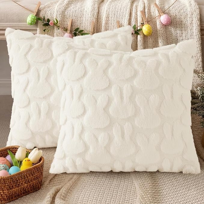 decorUhome Cream White Faux Fur Bunny Throw Pillow Covers 16x16 Set of 2