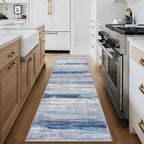 KOZYFLY Modern Abstract Hallway Runner Rug, 2.6x8 Washable Rug Runner Non-Slip Soft Striped Kitchen Runner Rugs, Print Blue/Grey/Beige Carpet Runner for Entryway Bathroom Laundry Room Foyer