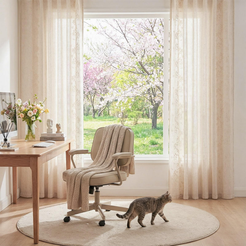 jinchan Floral Linen Curtains 84 Inch Farmhouse Backt Tab 2 Panels Ivory