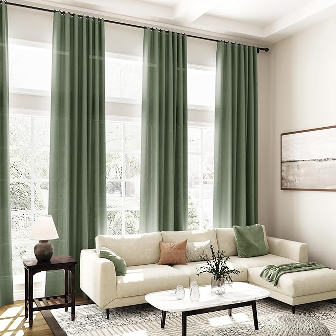 Nanspring Olive Green Linen Curtains for Living Room 2 Panels Set 144 Inch Length Back Tab Light Filtering Semi Sheer Curtain Drapes for Bedroom 52x144
