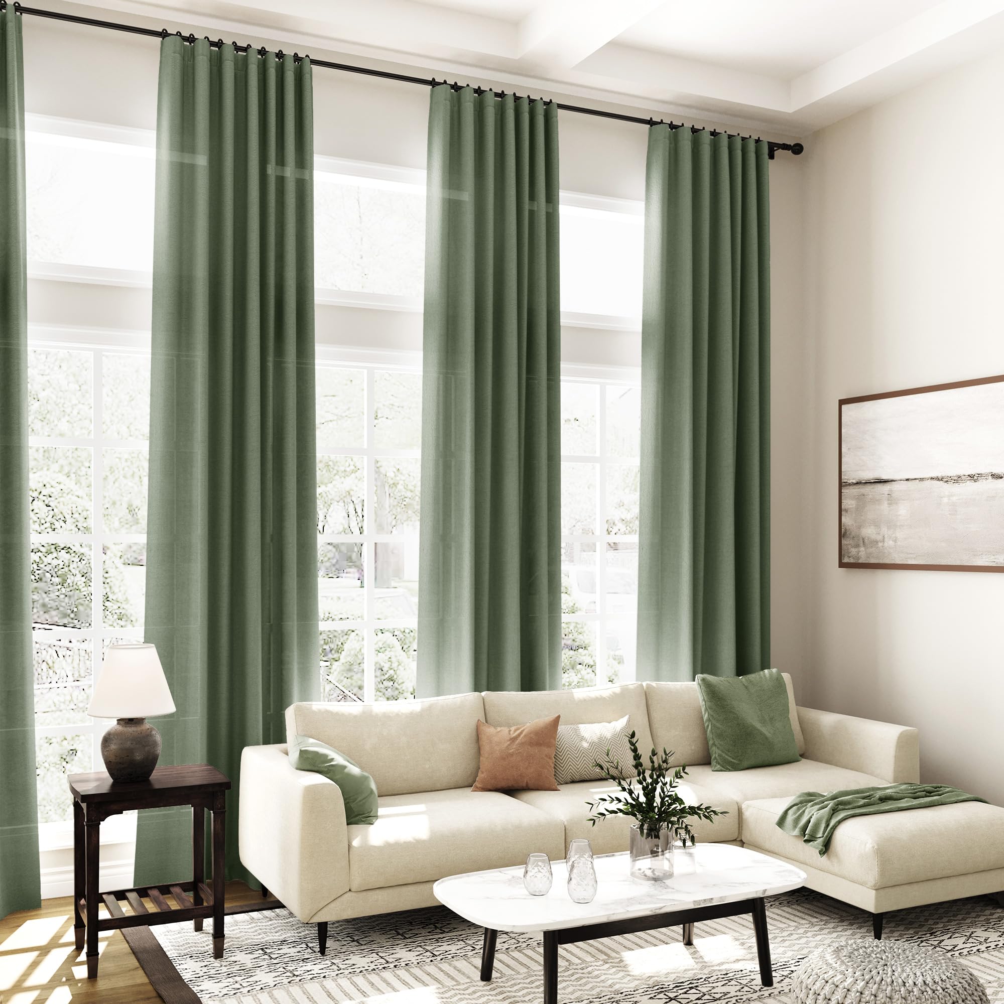 136 Inch Extra Long Curtain for Floor to Ceiling High Window Olive Green Linen Back Tab Curtains for Living Room Filtered and Breathable Semi Sheer Drapes Modern Farmhouse Boho Decor 52x136,2PCS