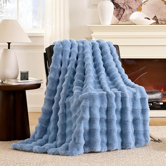 Cozy Bliss Faux Fur Bubble Throw Blanket for Couch, Fuzzy Soft Plush Thick Blanket for Sofa Bed Gift, 50x60 Inches Misty Blue