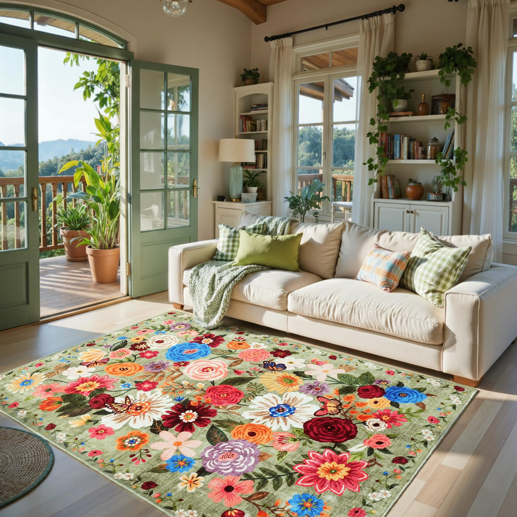 Babovid Floral Area Rugs 5x7 for Bedroom Livingroom Green Non-Slip
