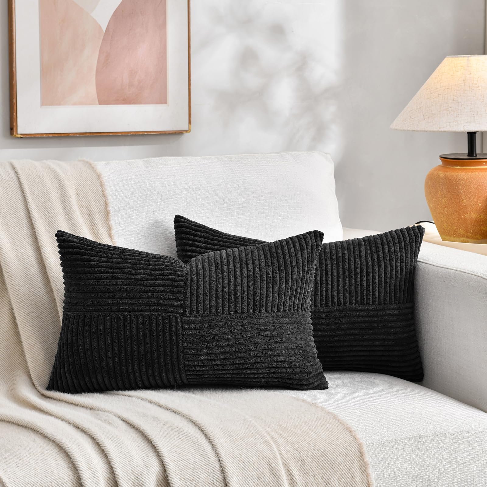Fancy Homi 2 Packs Black Long Lumbar Decorative Throw Pillow Covers 16x24 Inch for Couch Bed Sofa, Rustic Farmhouse Boho Home Decor, Soft Striped Corduroy Rectangle Accent Cushion Case 40x60 cm