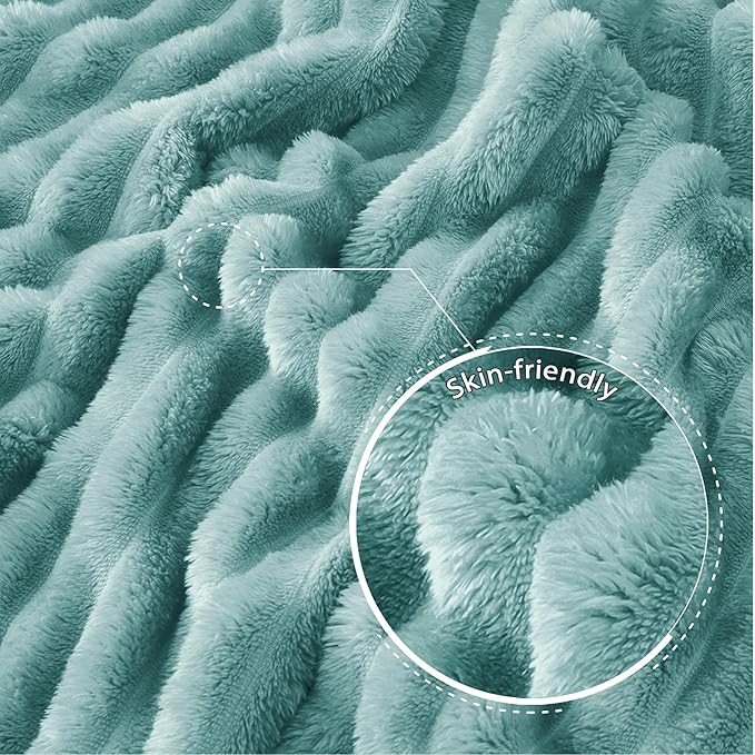 Exclusivo Mezcla Fleece Throw Blanket for Couch, Super Soft Striped Jacquard Bed Blanket, Lightweight Fuzzy Cozy for All Seasons, 50x60 Inches, Celadon