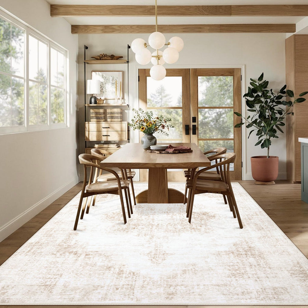 Area Rug 9x12 Vintage Rugs: Large Washable Living Room Rug Retro Medallion Distressed Soft Low Pile Non-Slip Rugs Indoor Floor Carpet for Bedroom Dining Table Office (Beige,9'x12')