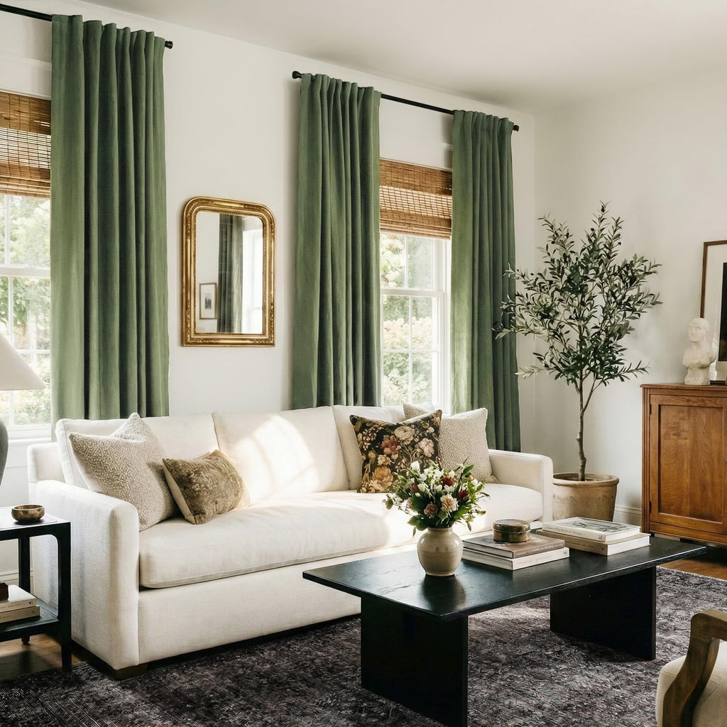 Faux Linen Total Blackout Curtains for Bedroom 102 Inches Long, Olive Green